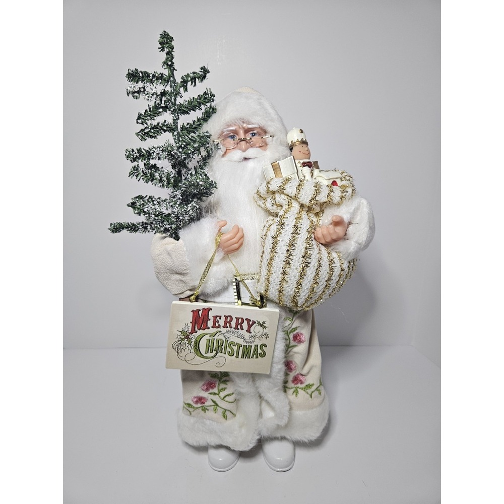 18" Floral Santa Claus Figurine White Coat Merry Christmas Sign Tree Nutcracker